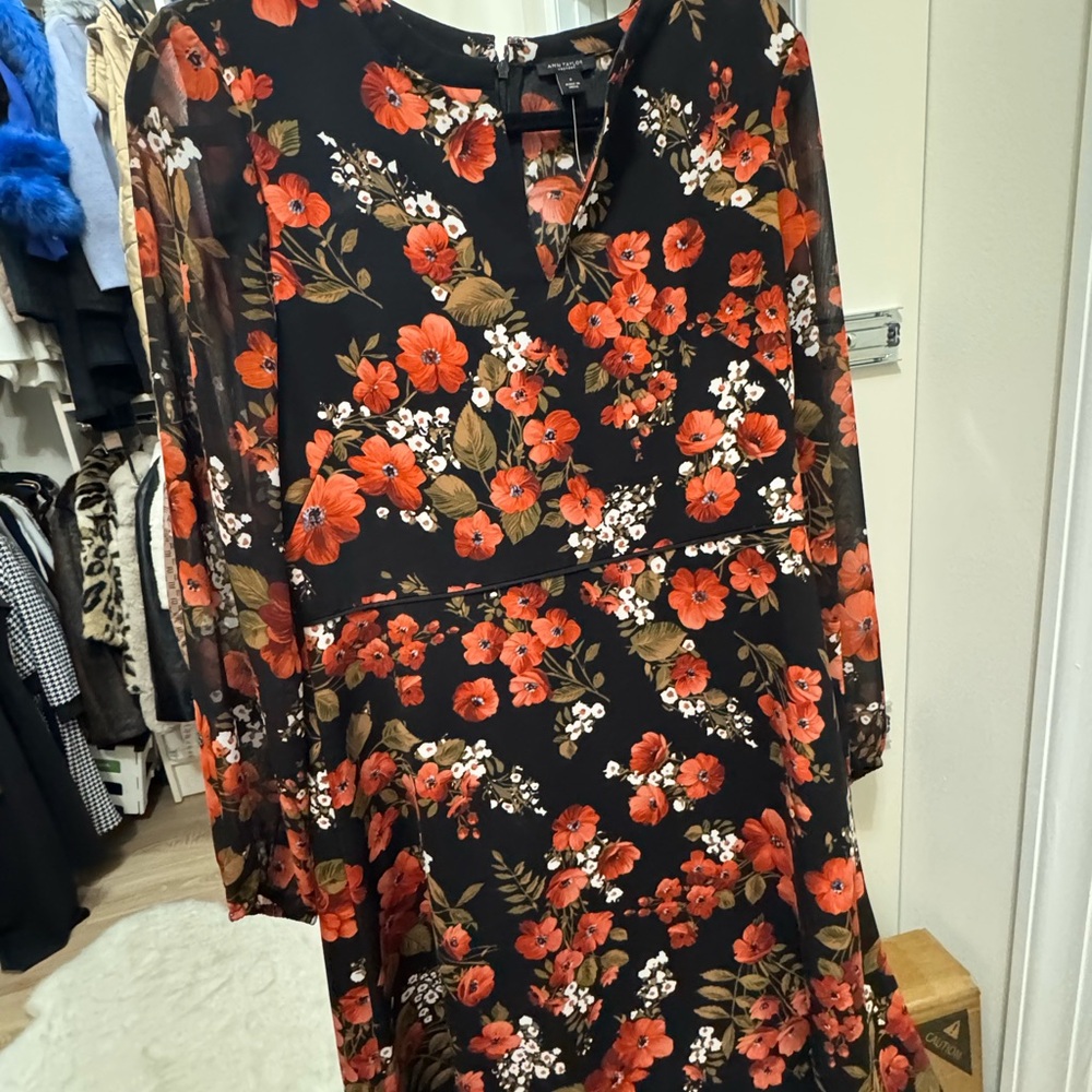 Ann Taylor Floral Long Sleeve Dress - Black, Red, White, Green